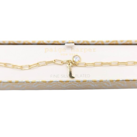 PAIGE HARPER Gold Plate Tone Letter "T" Crystal Charm Chain Bracelet NEW Dainty - Picture 2 of 6